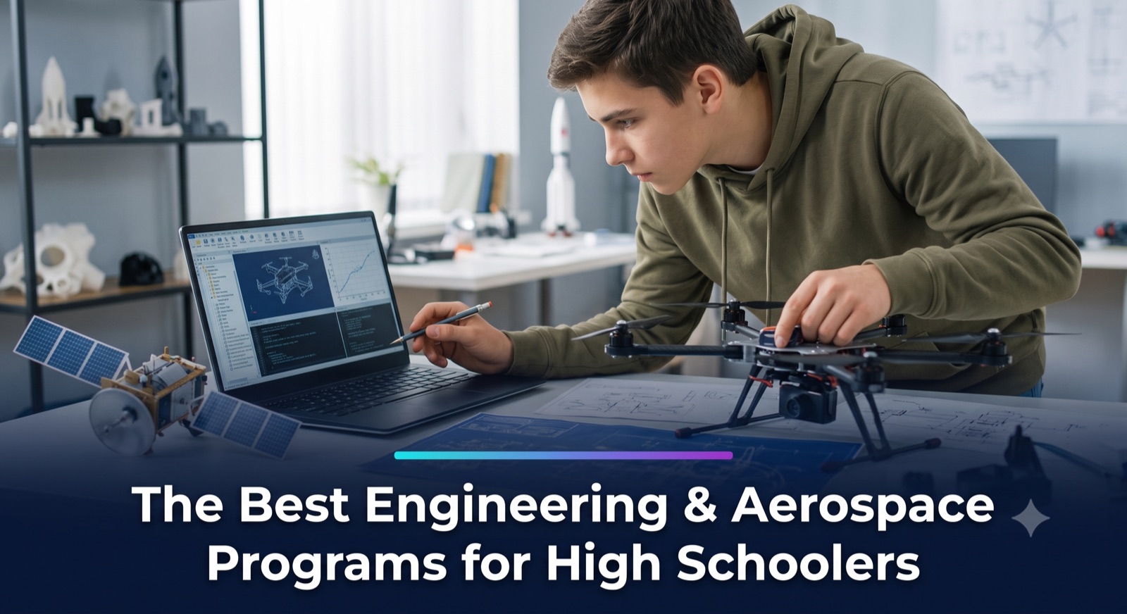 A high schooler designing a drone on a laptop beside satellite and rocket models