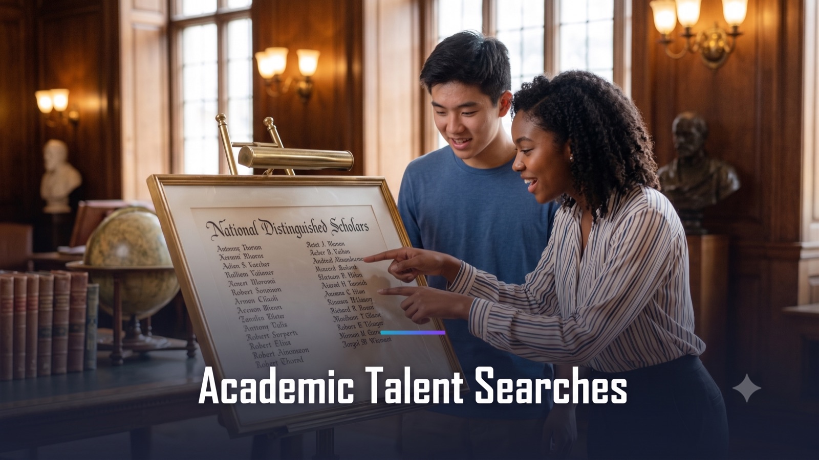 Two students reviewing a national distinguished-scholars honor roll in a university library