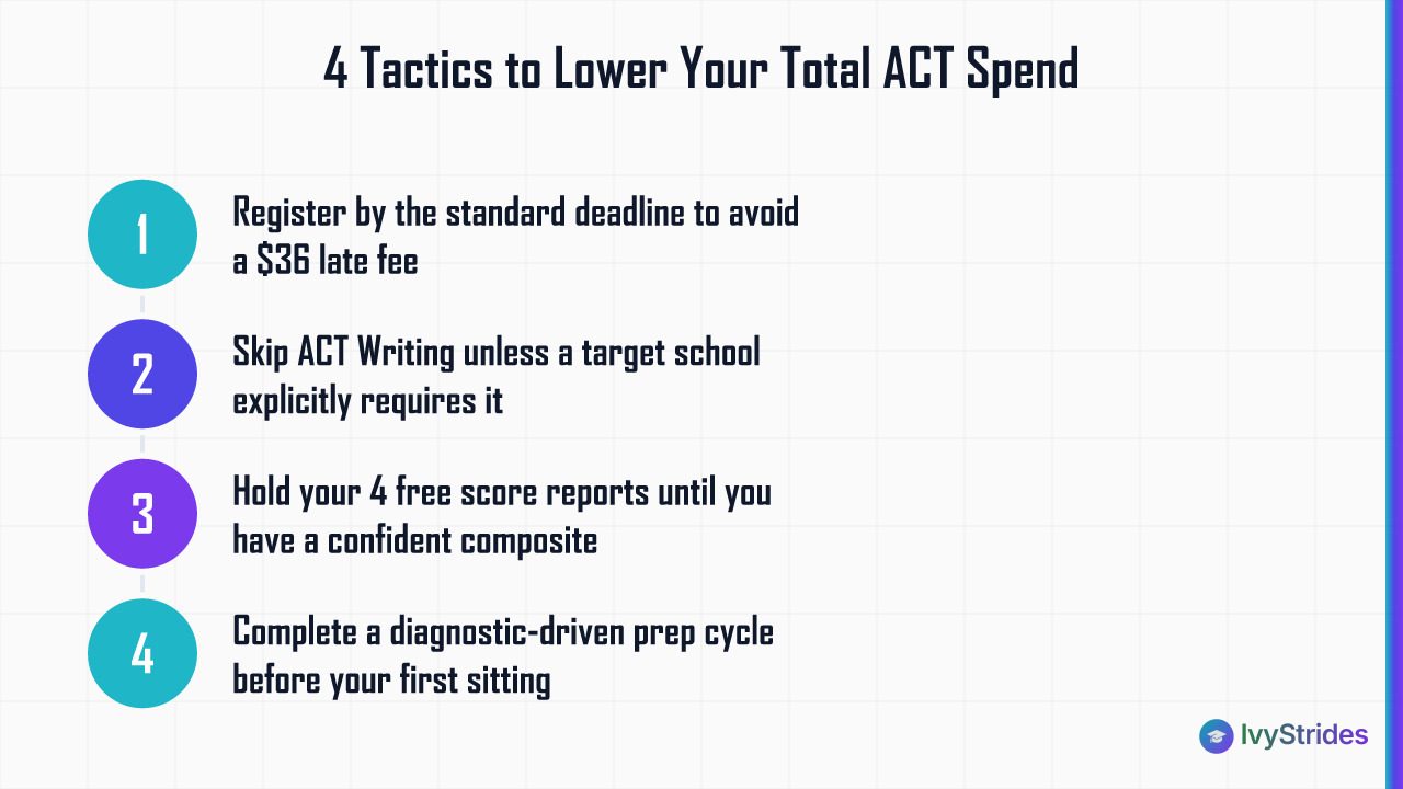 4 numbered steps to reduce ACT costs for international students: deadlines, writing section, score sends, and prep strategy