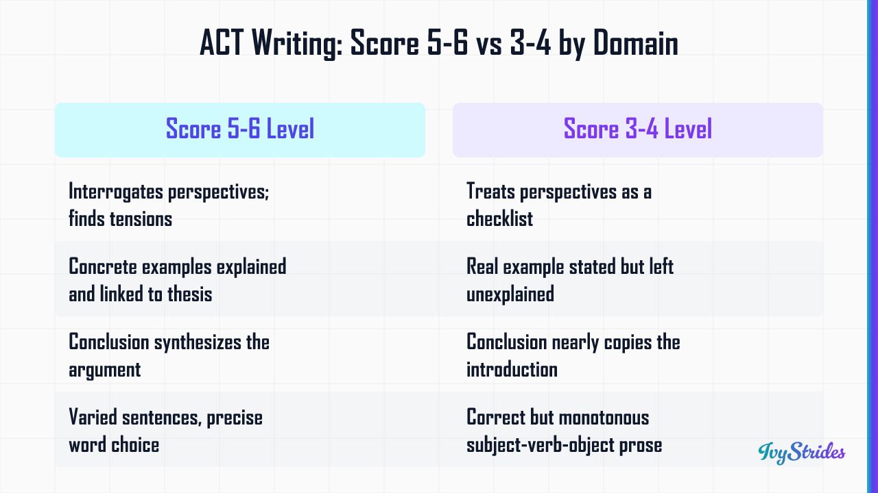 Comparison table showing ACT Writing score 5-6 vs 3-4 differences across Ideas, Support, Organization, and Language domains