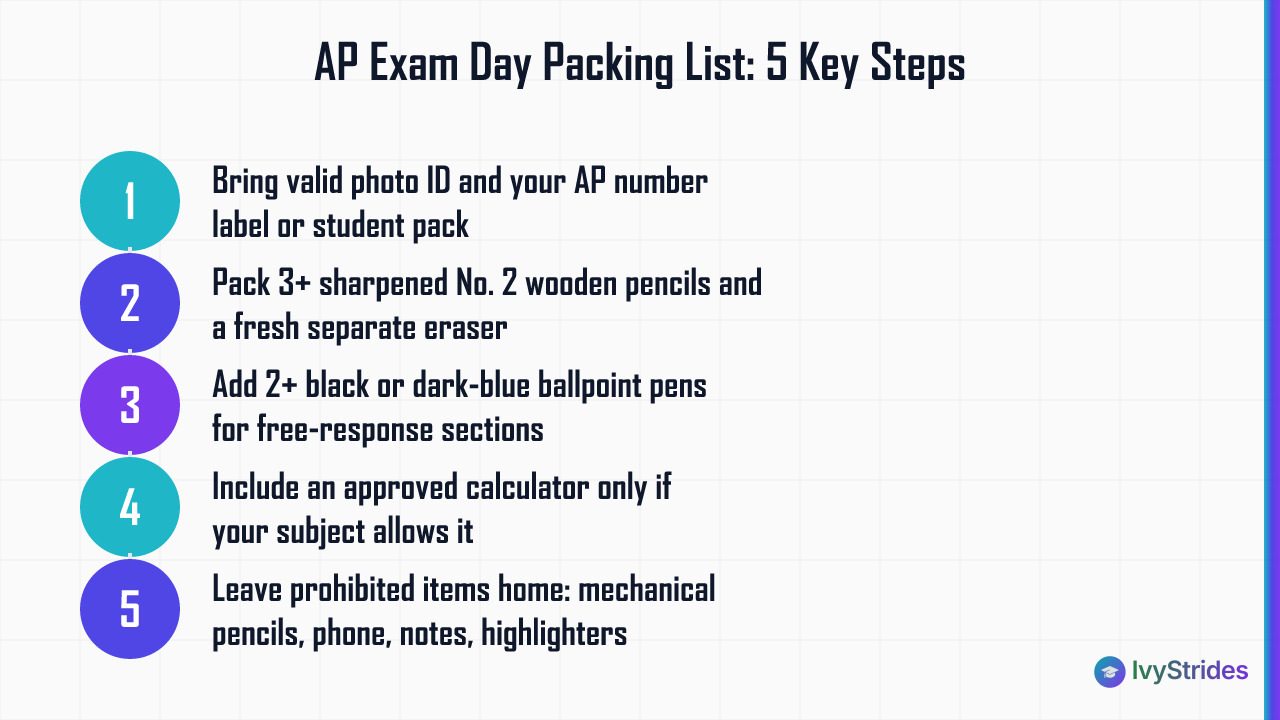 5-step AP exam day packing checklist covering ID, pencils, pens, calculator, and prohibited items
