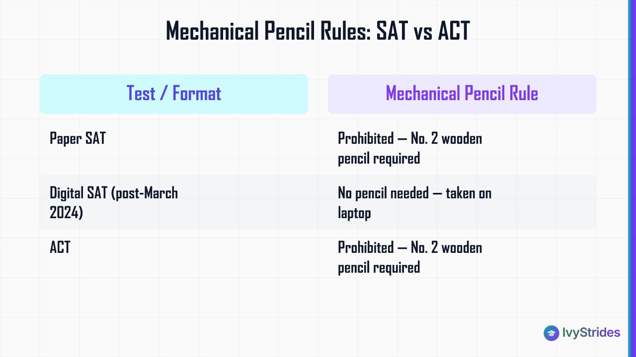 Comparison table showing mechanical pencil rules for Paper SAT, Digital SAT, and ACT exams