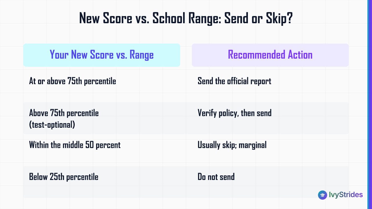 Comparison table showing whether to send a new SAT/ACT score after deferral based on where it falls in the school's admitted