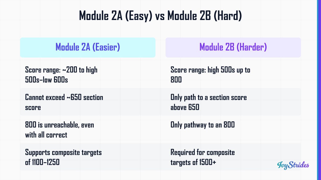 Comparison table showing Digital SAT Module 2A easy vs Module 2B hard score ceilings and composite target implications