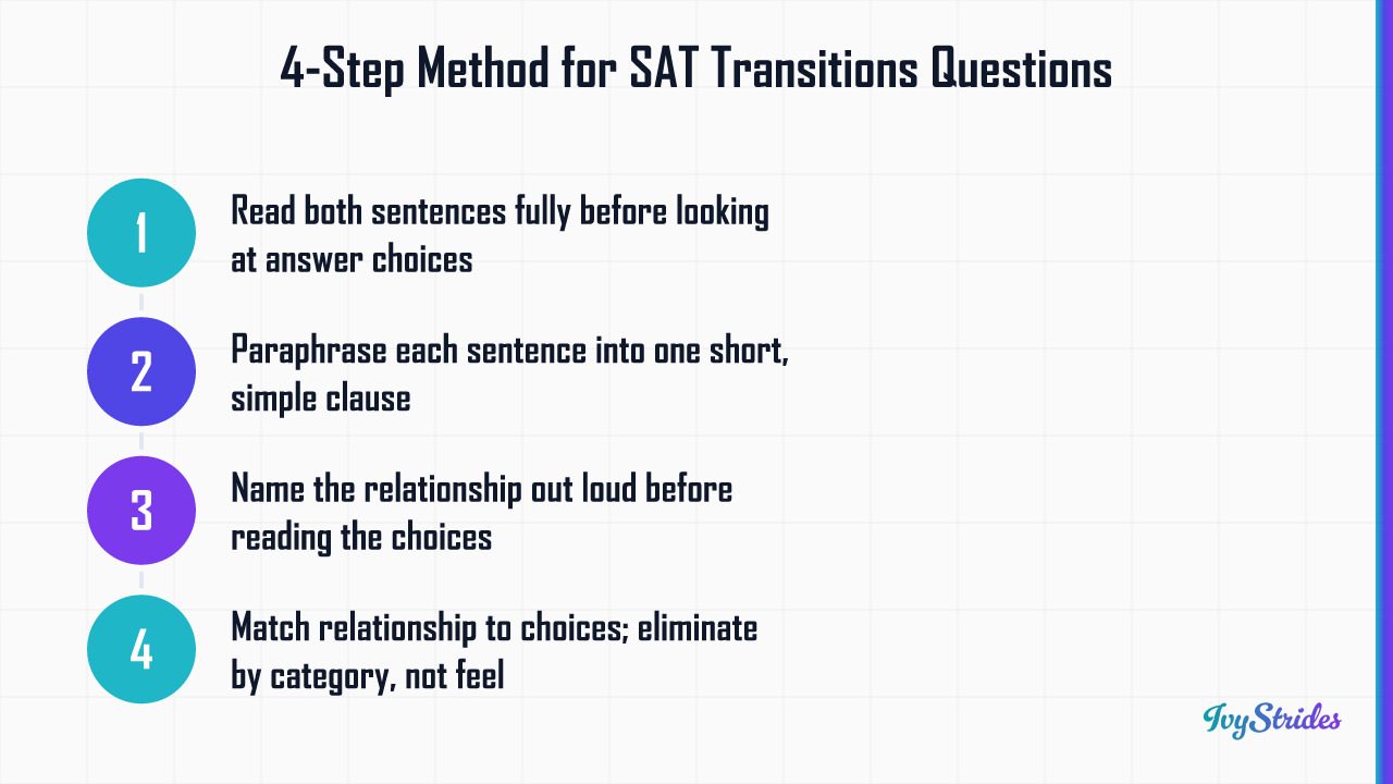 4-step method diagram for solving Digital SAT transitions questions: read, paraphrase, name relationship, match and eliminate