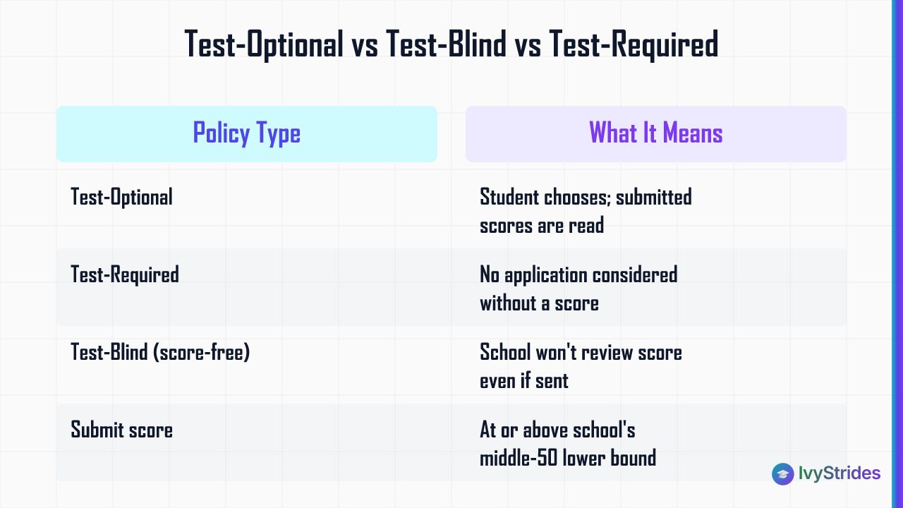 Comparison table of test-optional, test-required, and test-blind college admission policies with ACT submit vs withhold rules