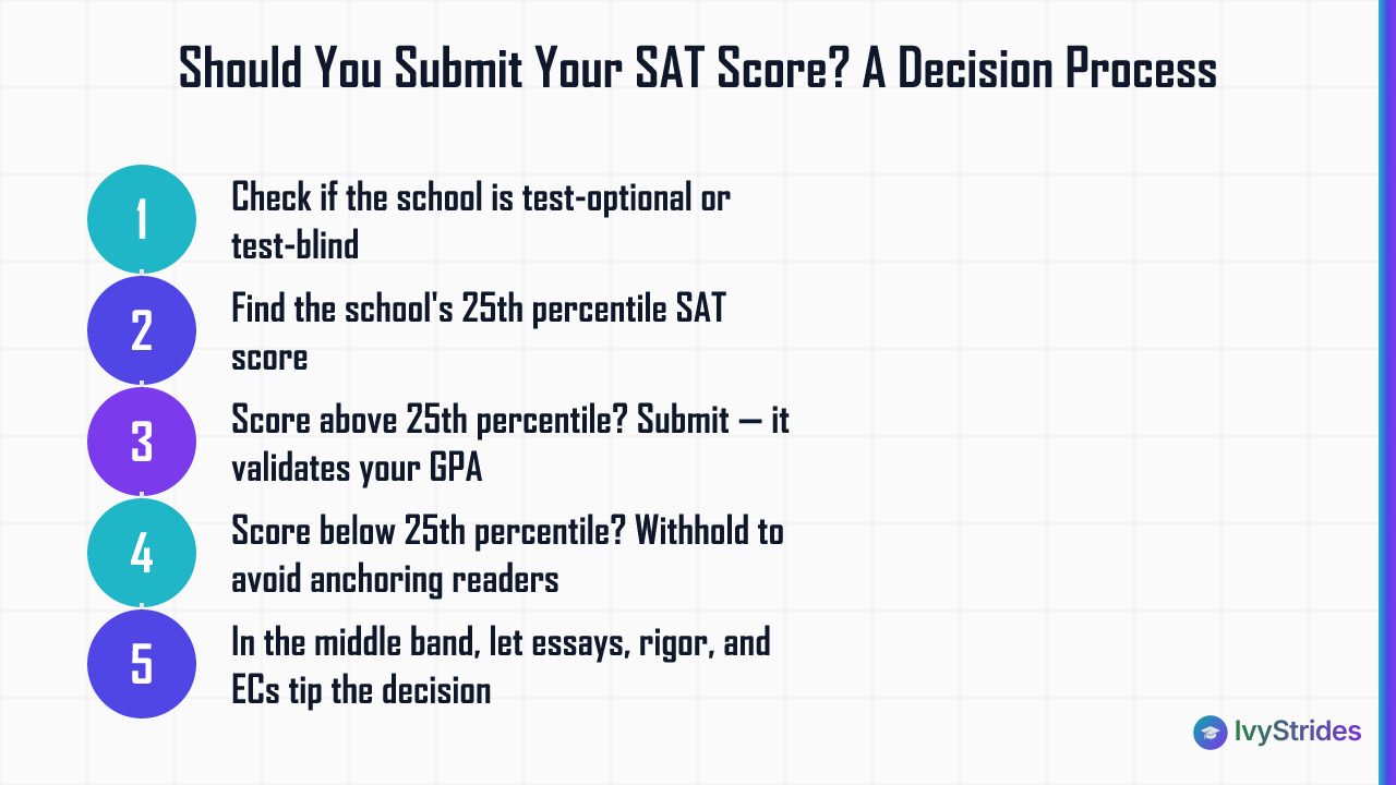 5-step decision process for whether to submit SAT scores under test-optional college admissions policy