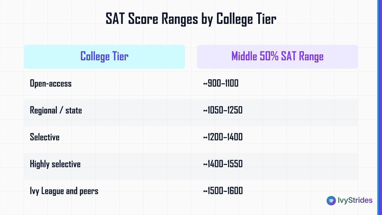 Comparison table showing SAT middle 50% score ranges across five college selectivity tiers from open-access to Ivy League