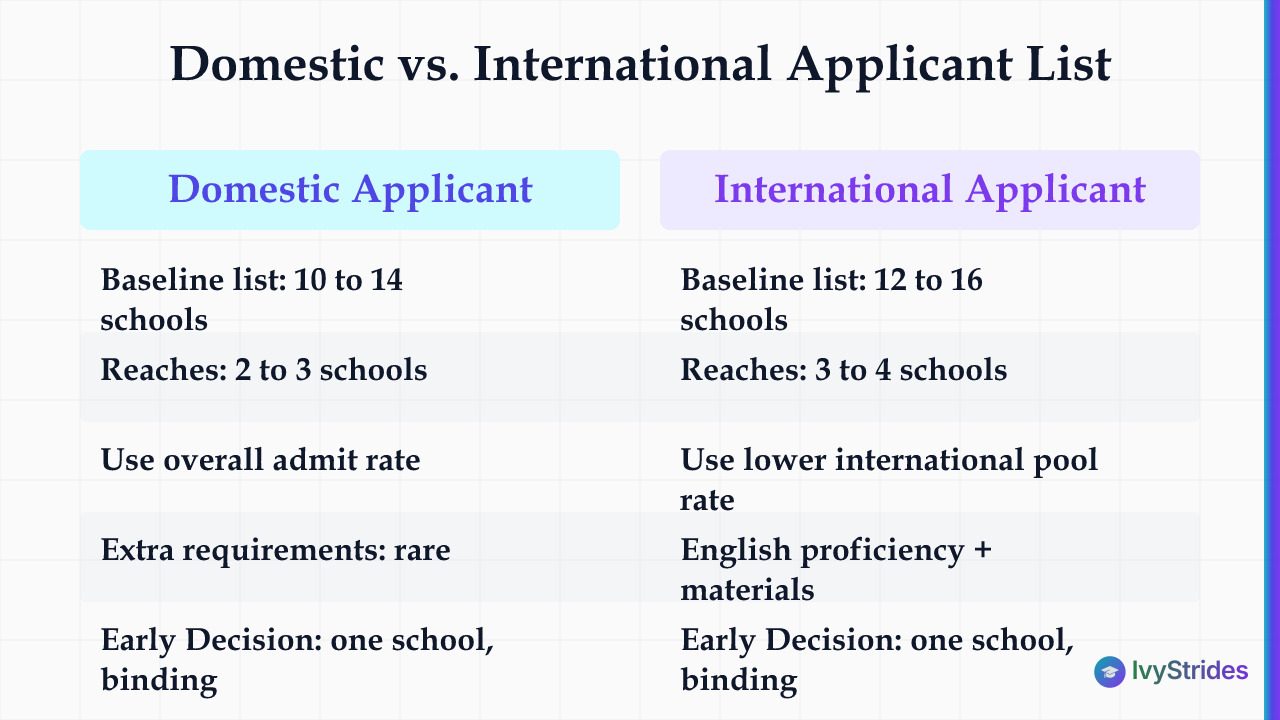 Comparison table showing domestic vs. international applicant differences in list size, reaches, admit rates, and requirement