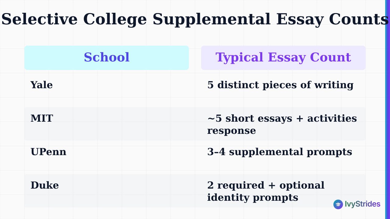 Comparison table showing supplemental essay counts for Yale, MIT, UPenn, Duke, and Northwestern for 2026-27 cycle