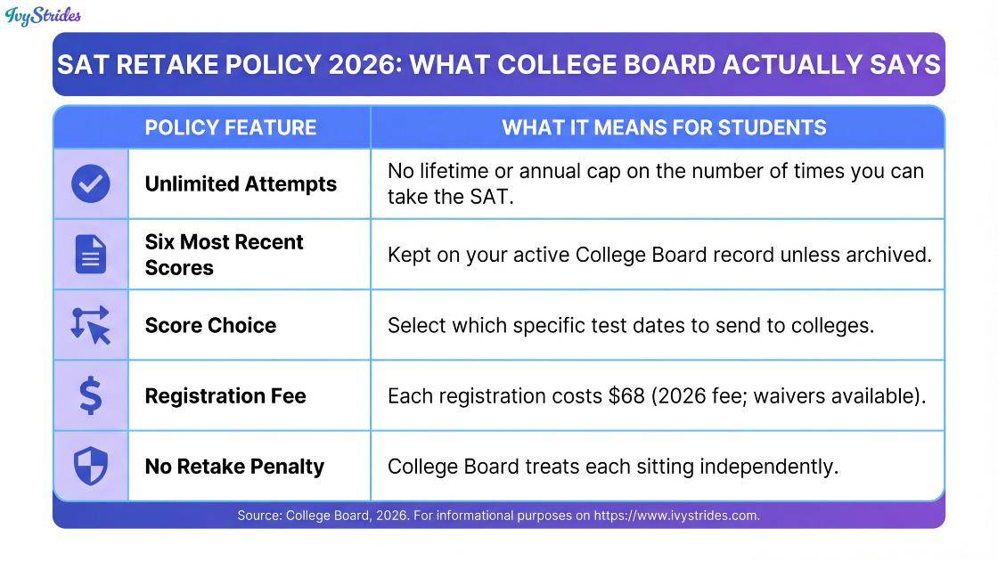 Infographic detailing the SAT retake policy for 2026 with key statistics and information for students.