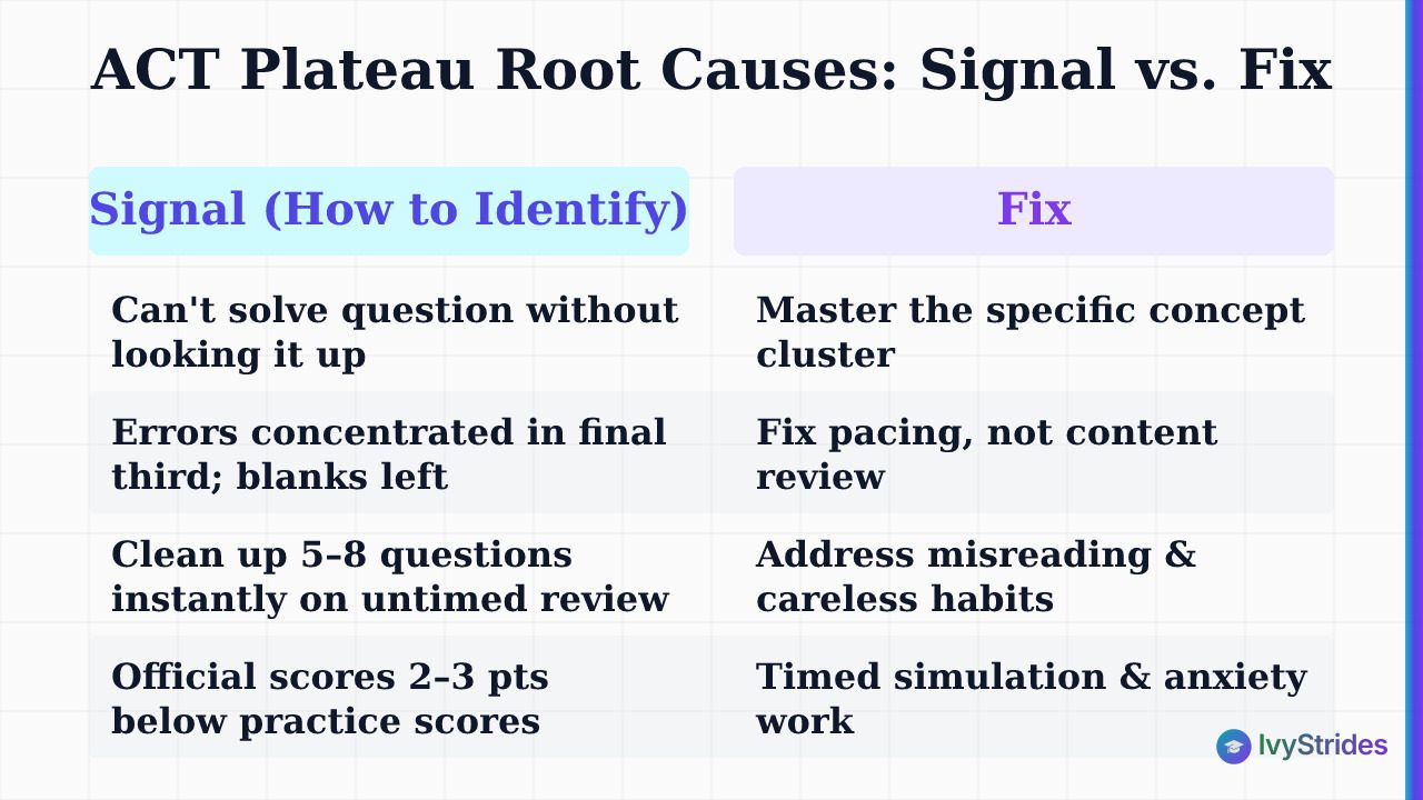 Comparison table showing ACT plateau root causes: signal to identify each cause versus the correct fix to apply
