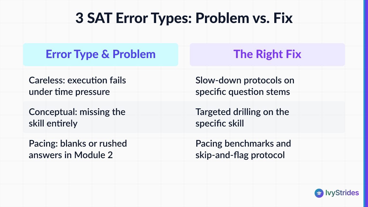 Comparison table showing 3 SAT error types—careless, conceptual, pacing—paired with their correct targeted fixes