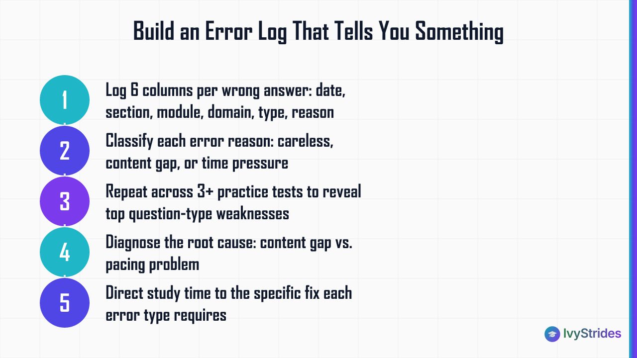 5-step numbered process for building an SAT error log to identify skill gaps and improve score on a retake