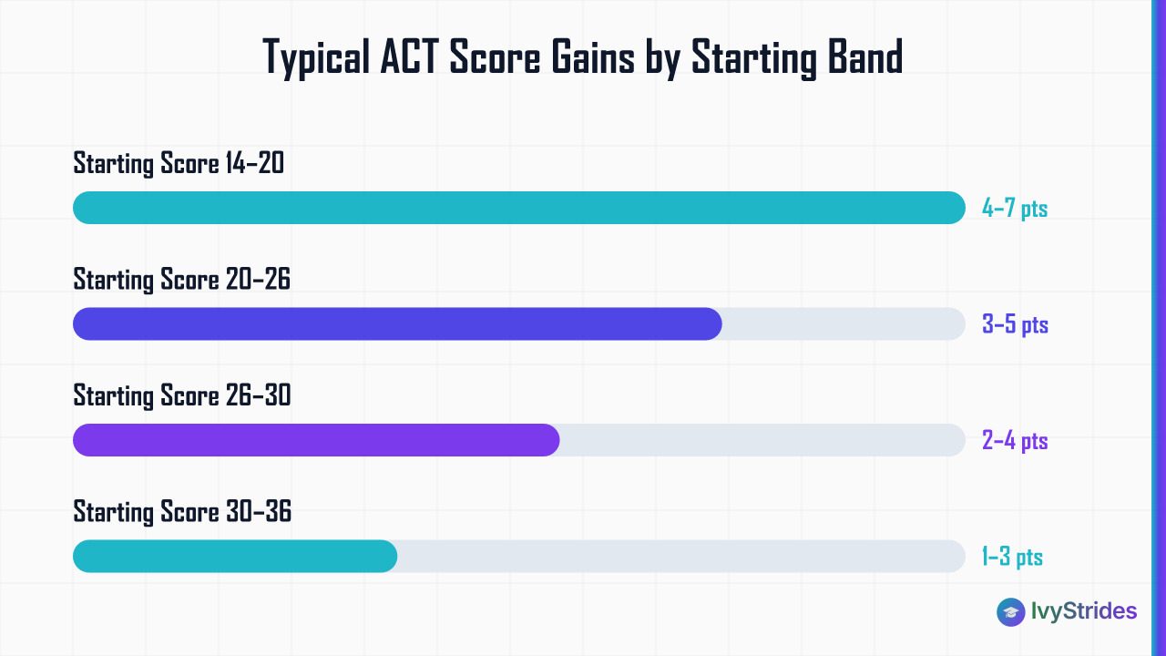 Horizontal bar chart showing typical ACT composite score gains by starting band, from 4–7 points at low scores to 1–3 at high