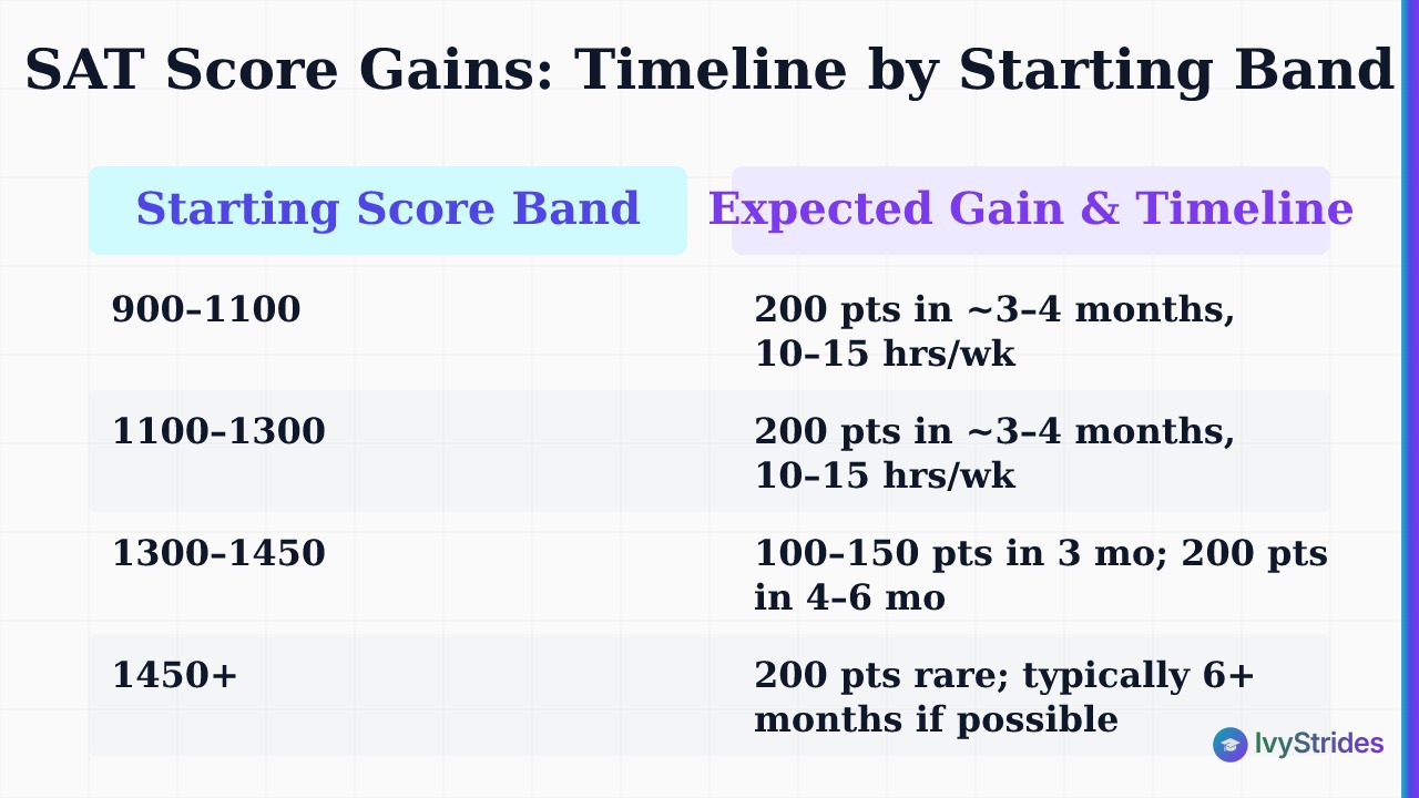 Comparison table showing realistic SAT score improvement timelines and weekly hours by starting score band from 900 to 1450+