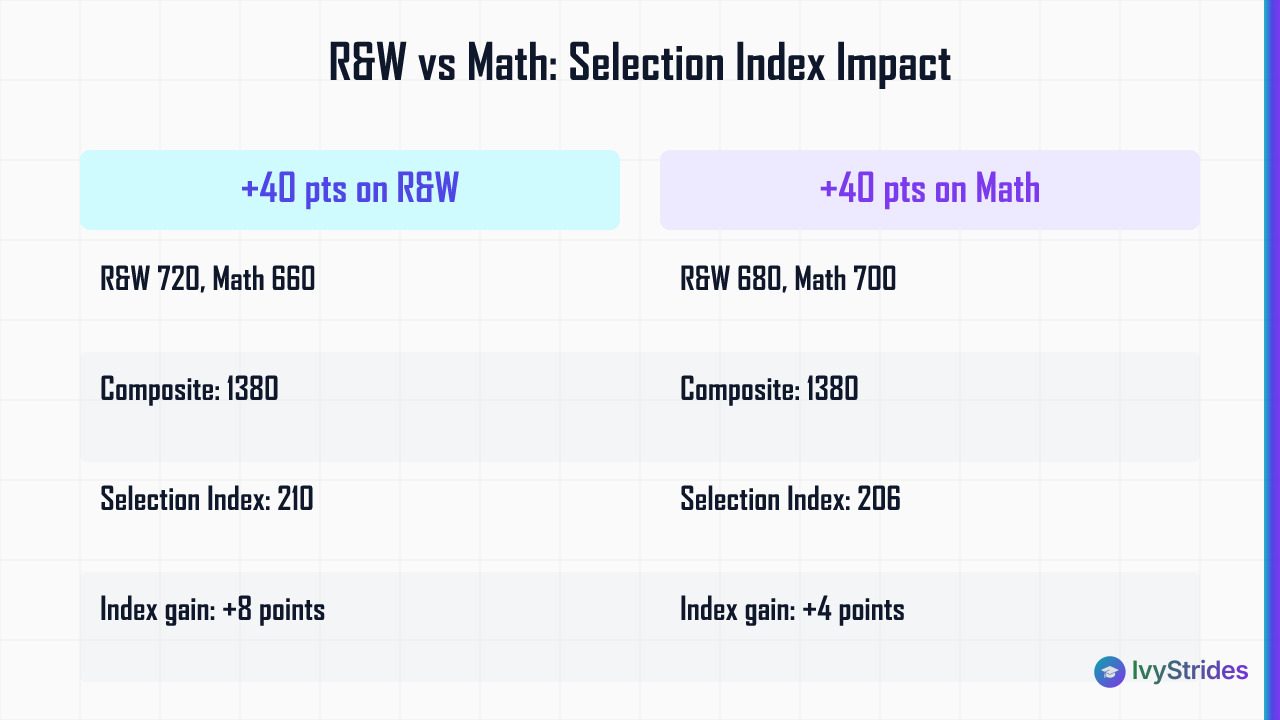 Comparison table showing how +40 points on R&W gains 8 Selection Index points vs only 4 points for +40 on Math
