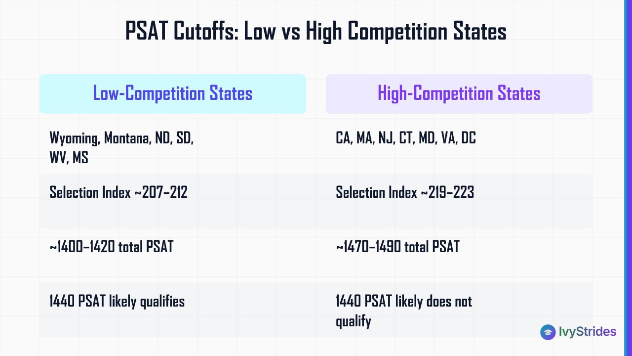 Comparison table of PSAT National Merit cutoffs for low-competition vs high-competition states by Selection Index and total s
