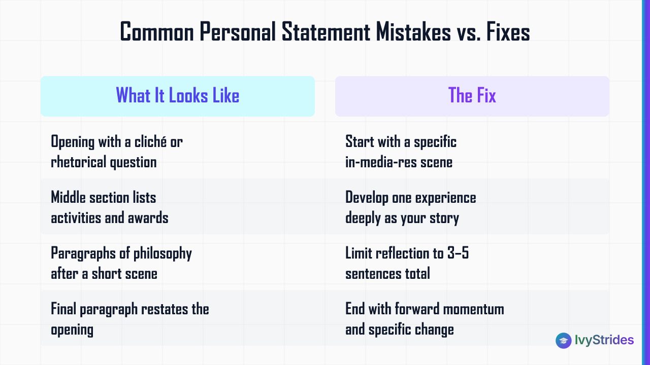 Comparison table of 5 common personal statement structural mistakes versus their fixes for college applicants