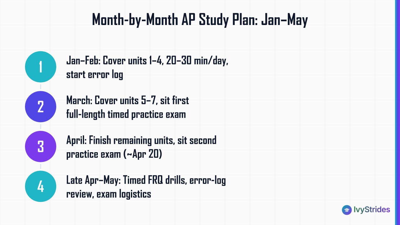 4-step month-by-month AP study plan from January through May showing units, practice exams, and final prep