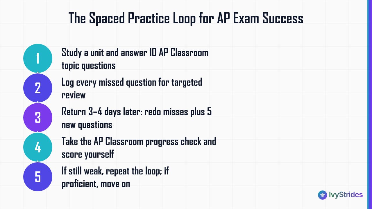 5-step spaced practice loop for AP exam prep: study, log misses, retest after 3-4 days, check progress, repeat or advance