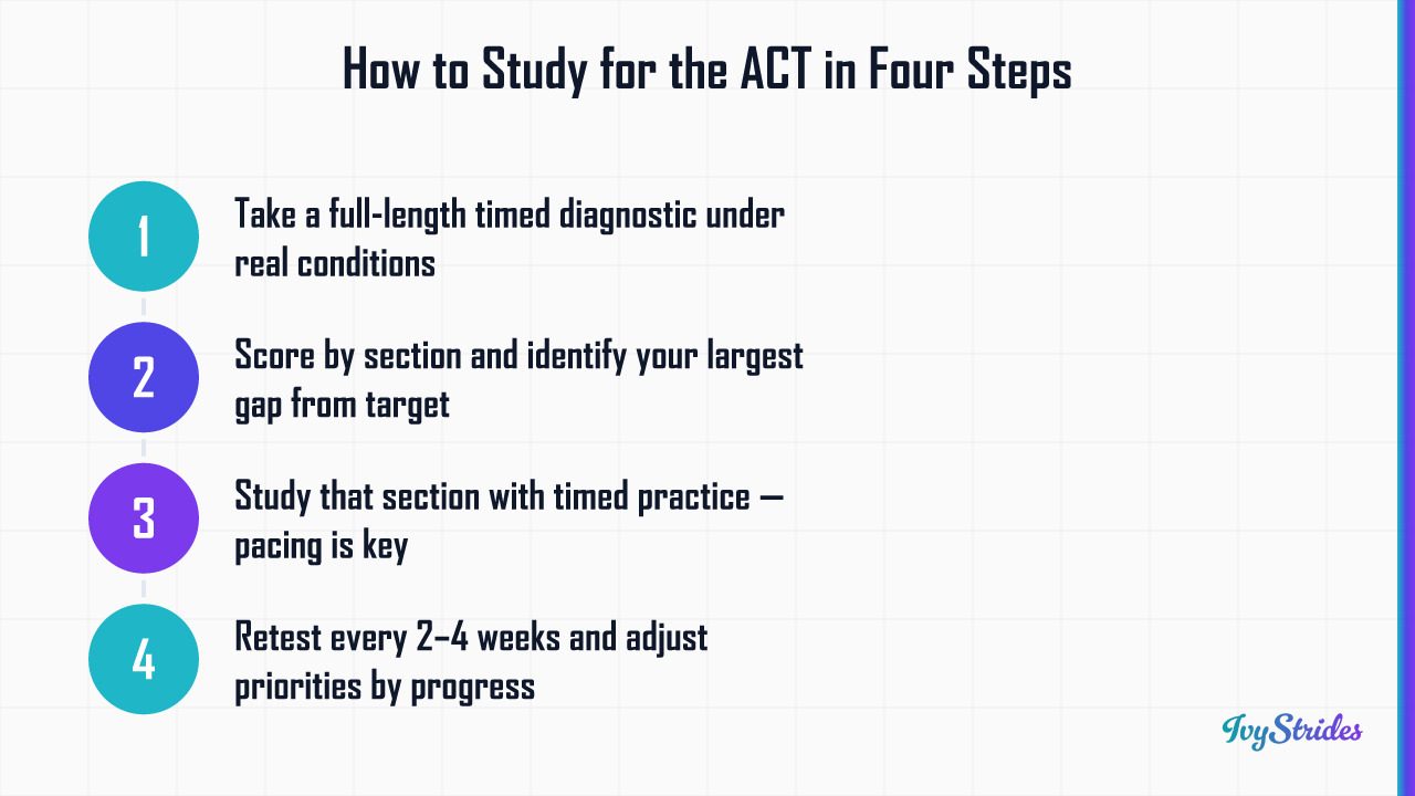 Four-step ACT study framework: diagnostic, gap analysis, timed practice, and periodic retesting every 2–4 weeks