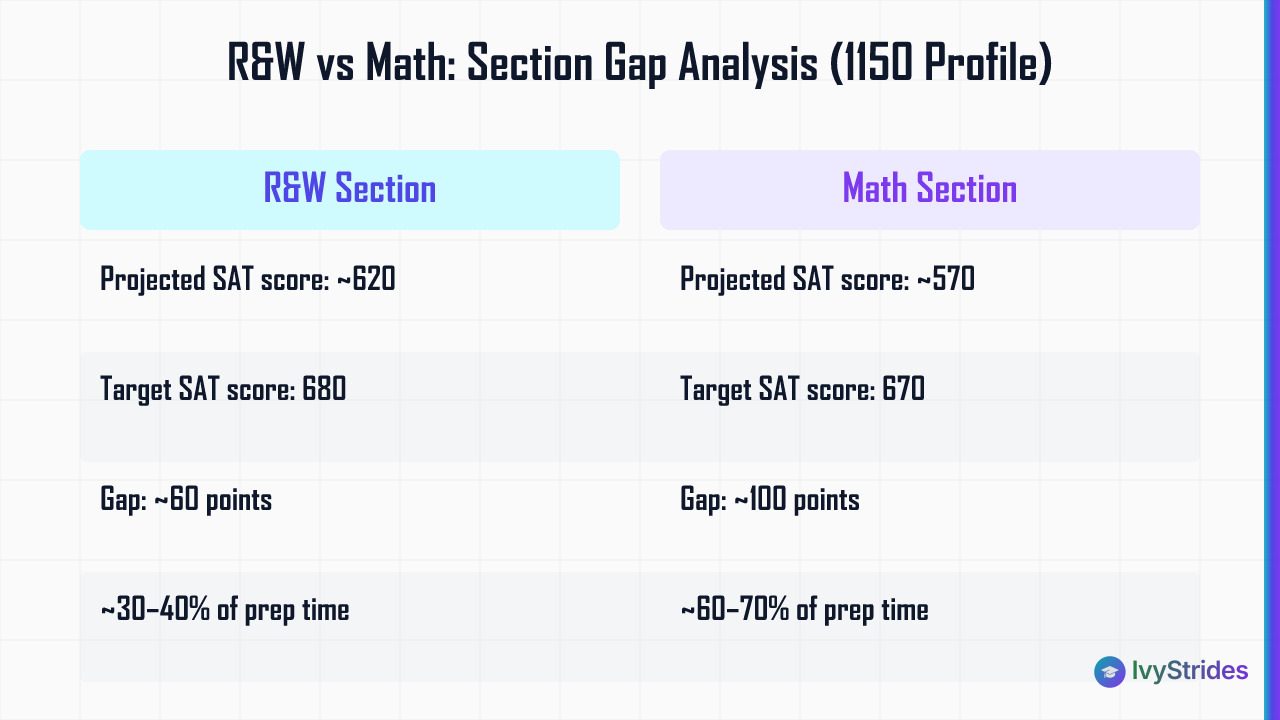 Comparison table showing R&W vs Math section gaps for a 1150 PSAT profile with projected scores, targets, and prep time alloc