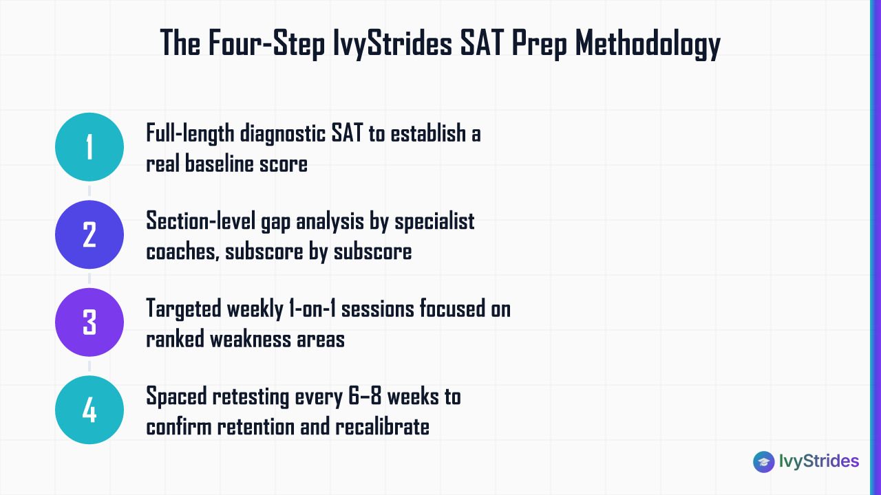 Four-step IvyStrides SAT prep process: diagnostic, gap analysis, targeted work, spaced retesting