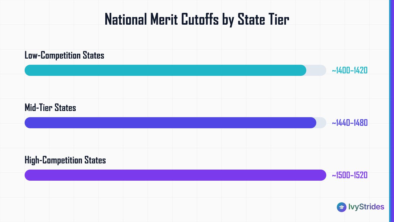 Bar chart showing National Merit Semifinalist PSAT cutoffs by state tier: low ~1400-1420, mid ~1440-1480, high ~1500-1520