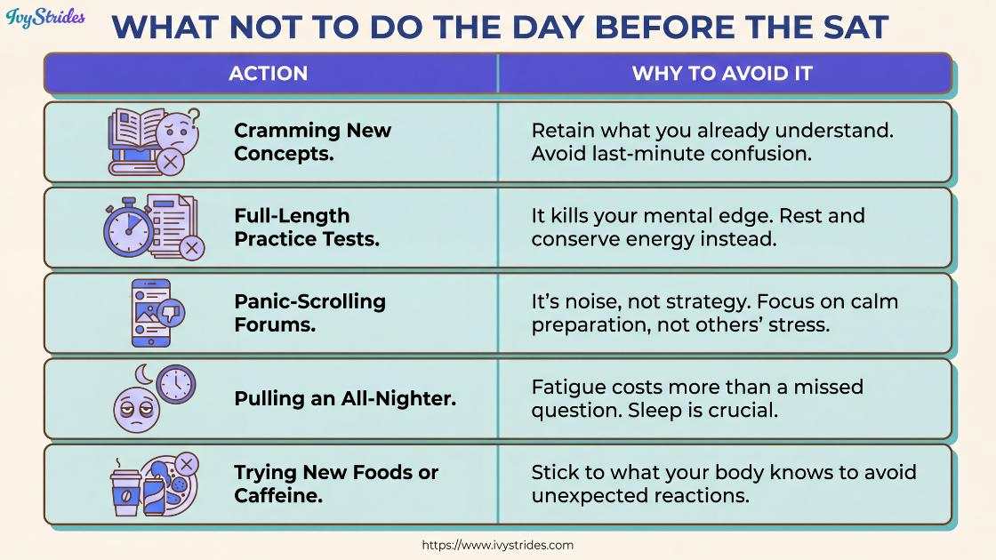 Infographic illustrating essential tips on what not to do before the SAT exam.