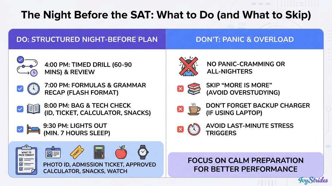 Infographic checklist for SAT preparation the night before the exam, featuring key do's and don'ts.