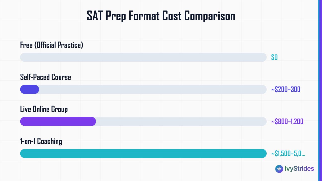 Horizontal bar chart comparing SAT prep format costs from $0 for free practice to $5,000+ for 1-on-1 coaching