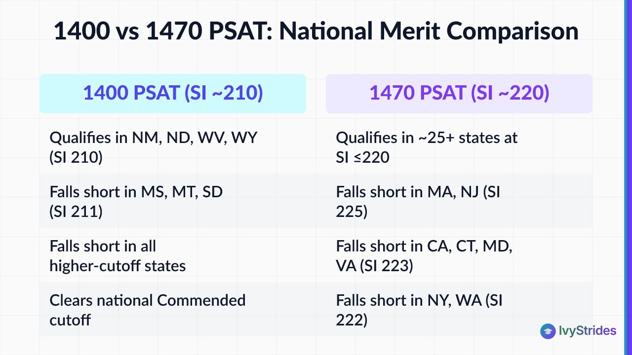 Comparison table showing which states a 1400 vs 1470 PSAT score qualifies for National Merit Semifinalist status in 2026