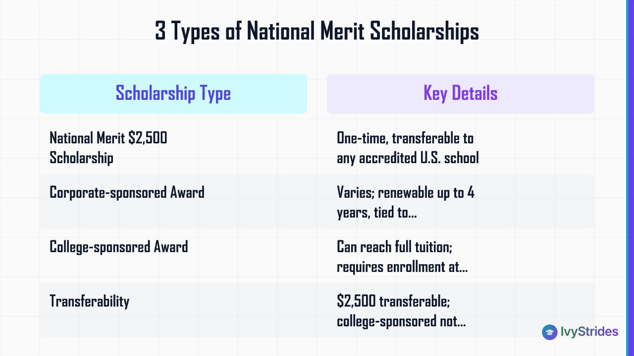 Comparison table of three National Merit scholarship types showing amounts, transferability, and where largest awards are fou