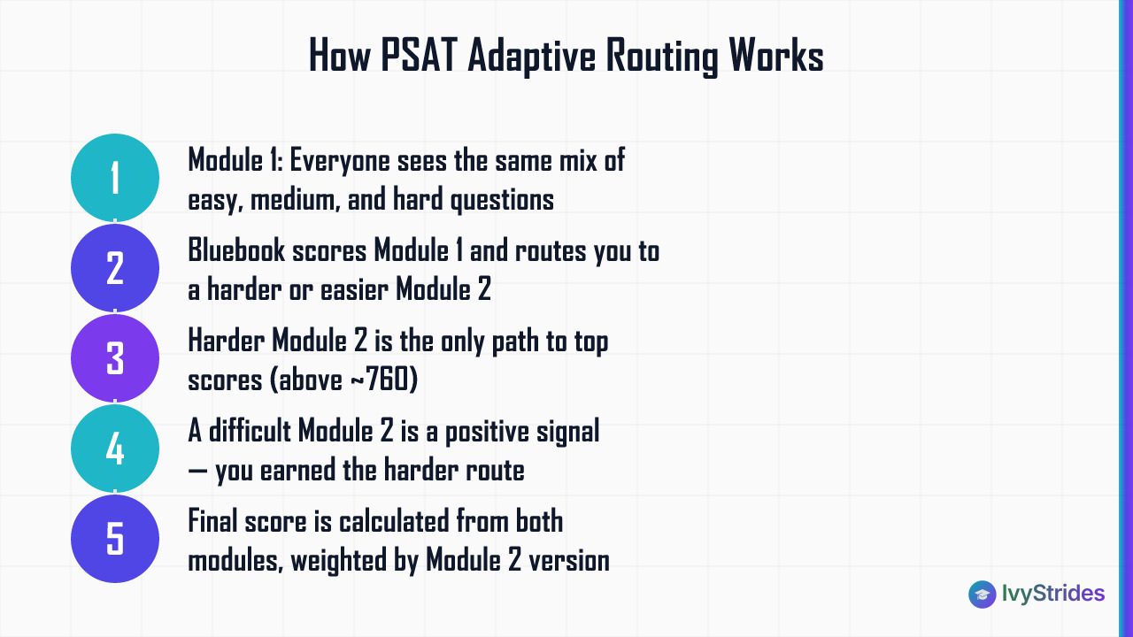 5-step diagram showing how PSAT adaptive multistage testing routes students from Module 1 to Module 2 scoring