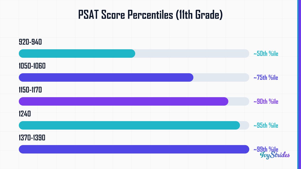 Horizontal bar chart showing PSAT total scores mapped to percentile ranks for 11th graders, from 50th to 99th percentile