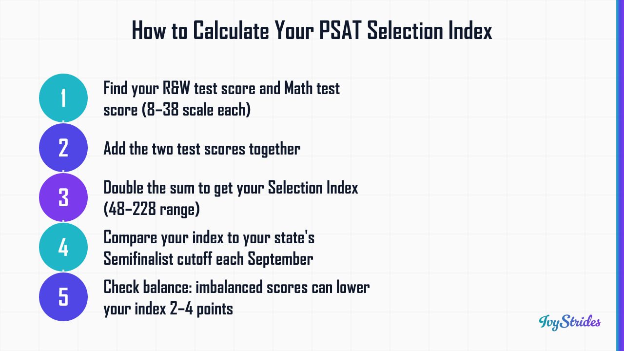 5-step diagram showing how to calculate PSAT Selection Index and compare it to National Merit Semifinalist cutoffs by state