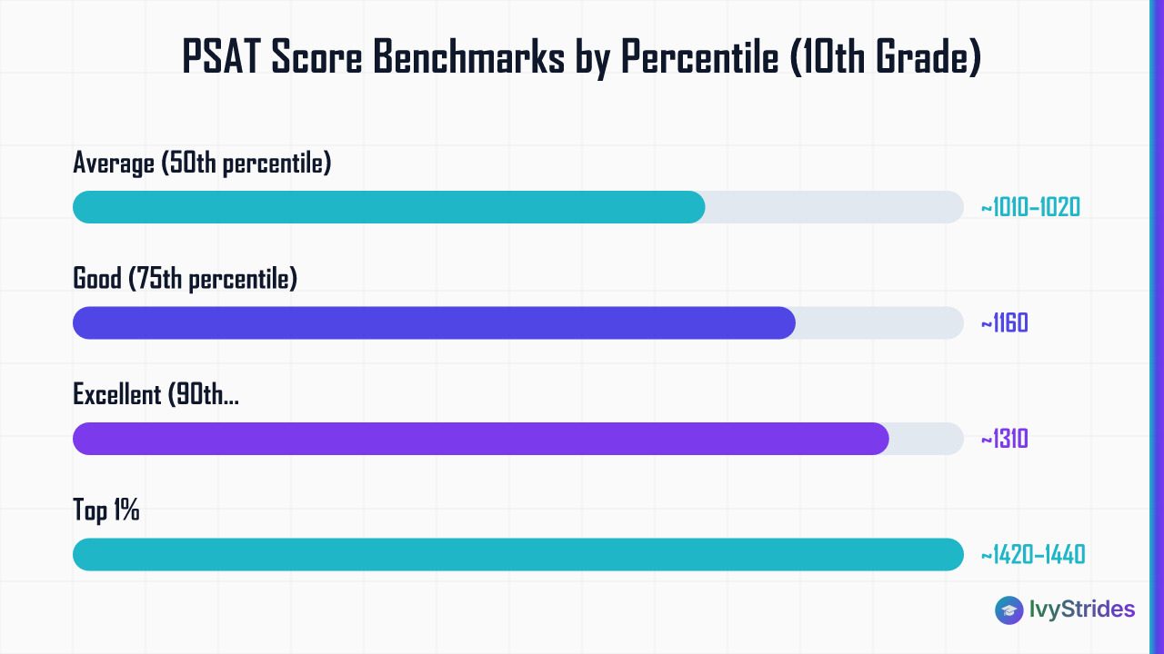 Horizontal bar chart showing PSAT score benchmarks for 10th graders from average 1010 to top 1% at 1420–1440