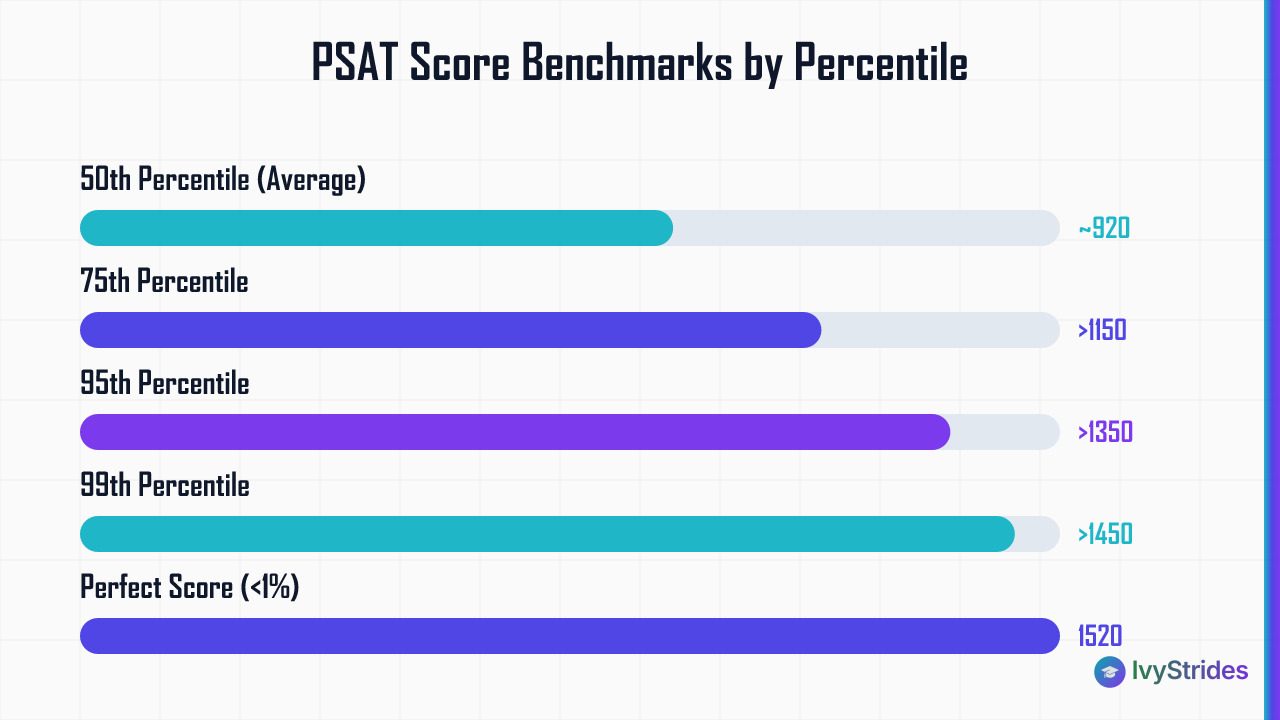Horizontal bar chart showing PSAT score benchmarks from 920 at the 50th percentile to 1520 perfect score for under 1% of test