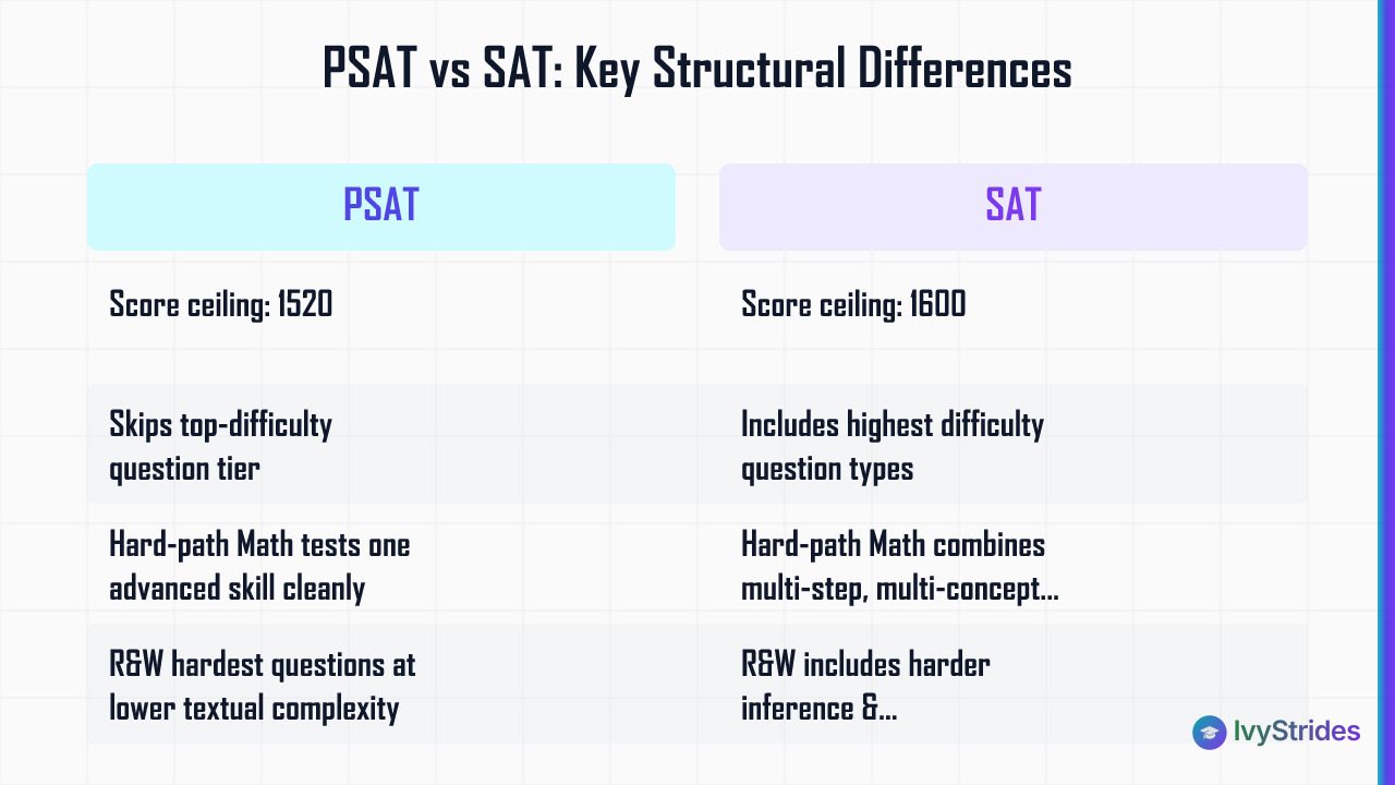 Comparison table showing PSAT vs SAT structural differences including score ceilings, difficulty tiers, and question complexi