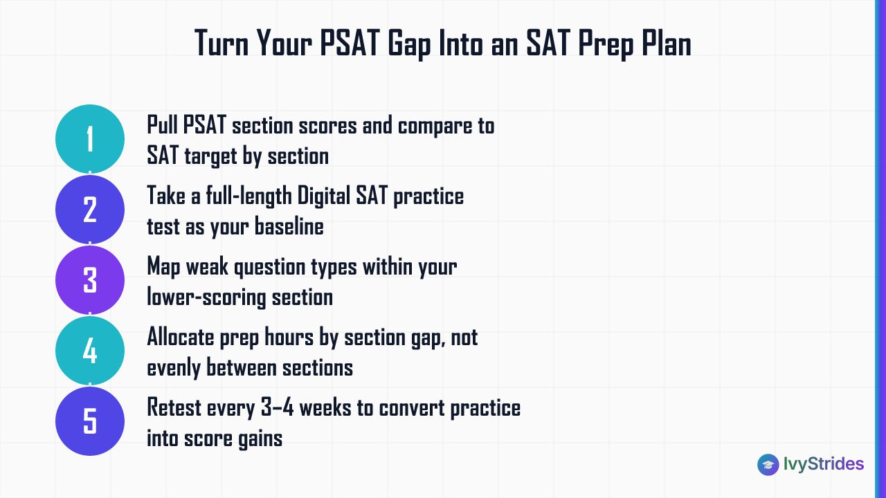 5-step process to turn your PSAT score gap into a targeted SAT prep plan using IvyStrides framework