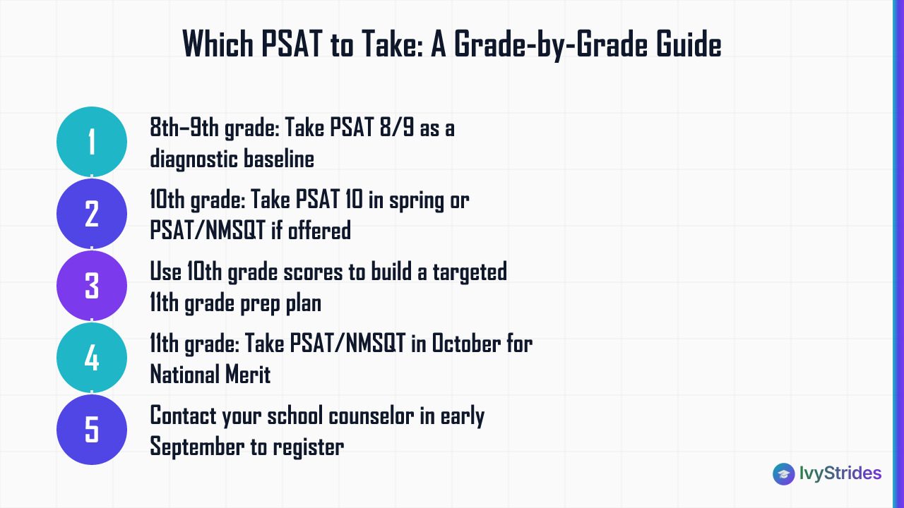 Numbered steps showing which PSAT version to take in 8th through 11th grade and how to register