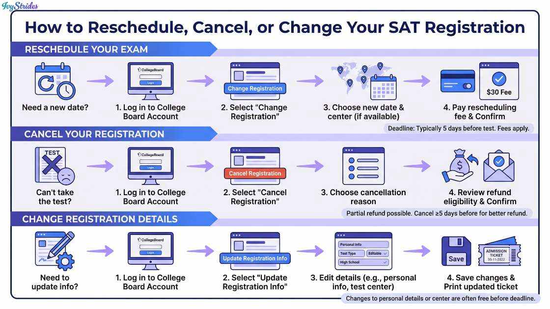 Flowchart showing steps to reschedule, cancel, or change SAT registration.
