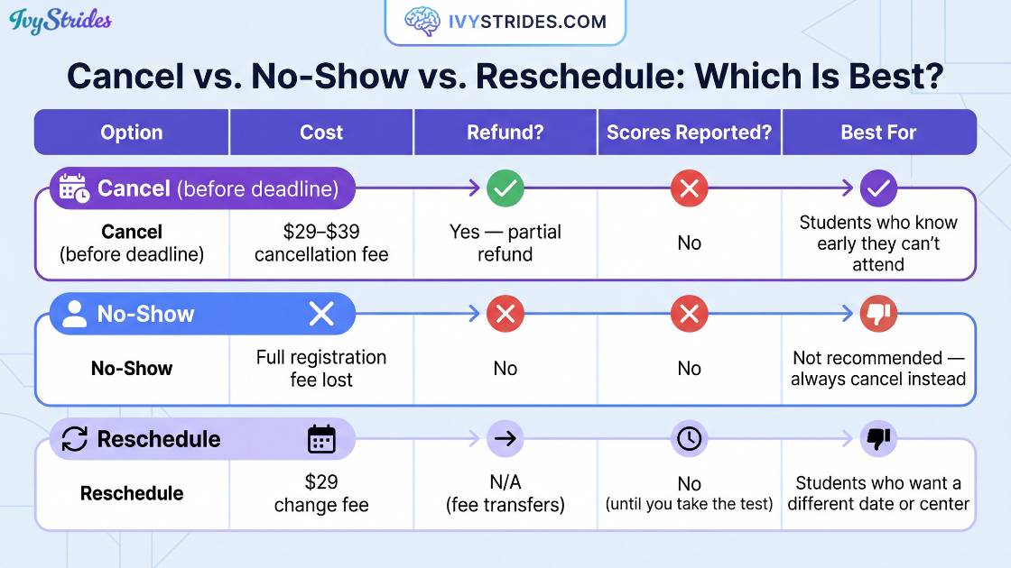 Comparison table of Cancel, No-Show, and Reschedule options for SAT registration.