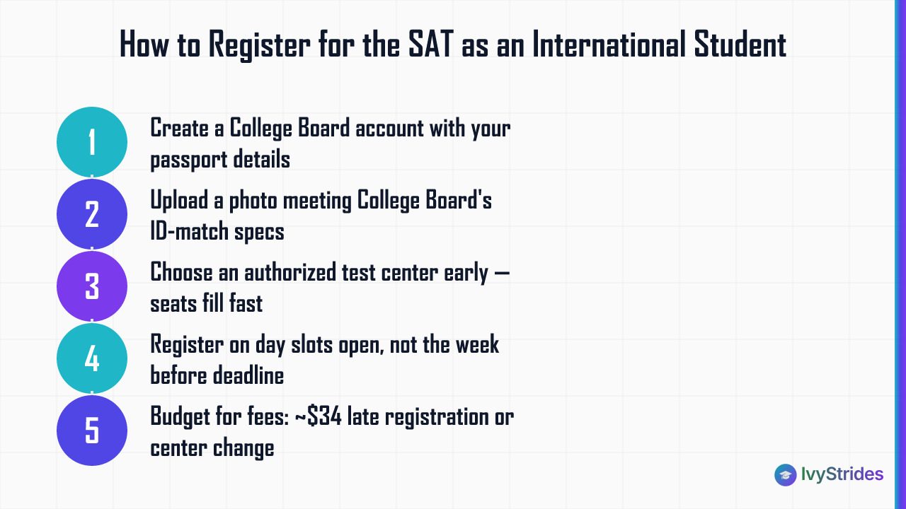 5-step SAT registration process for international students, from creating an account to budgeting for fees