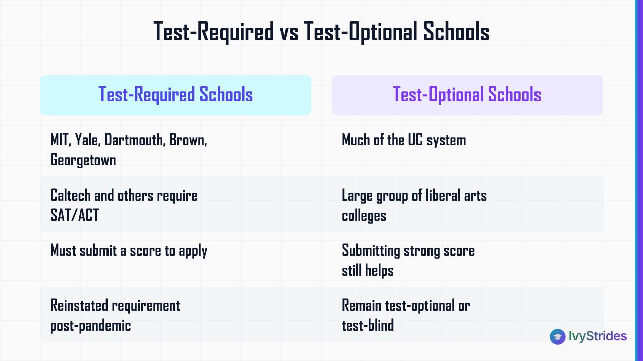 Comparison table of test-required vs test-optional US universities for international SAT applicants in 2026