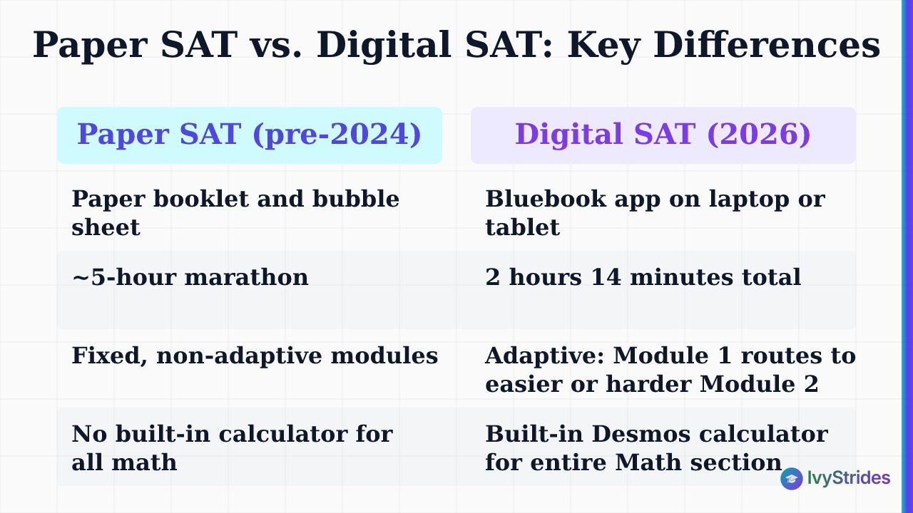 Comparison table showing key differences between the old paper SAT and the 2026 digital adaptive SAT format