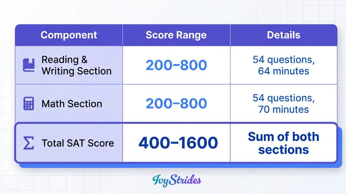 Table showing SAT score scale and breakdown for Reading, Writing, and Math sections.