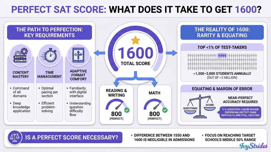 Infographic detailing requirements and statistics for achieving a perfect SAT score of 1600.