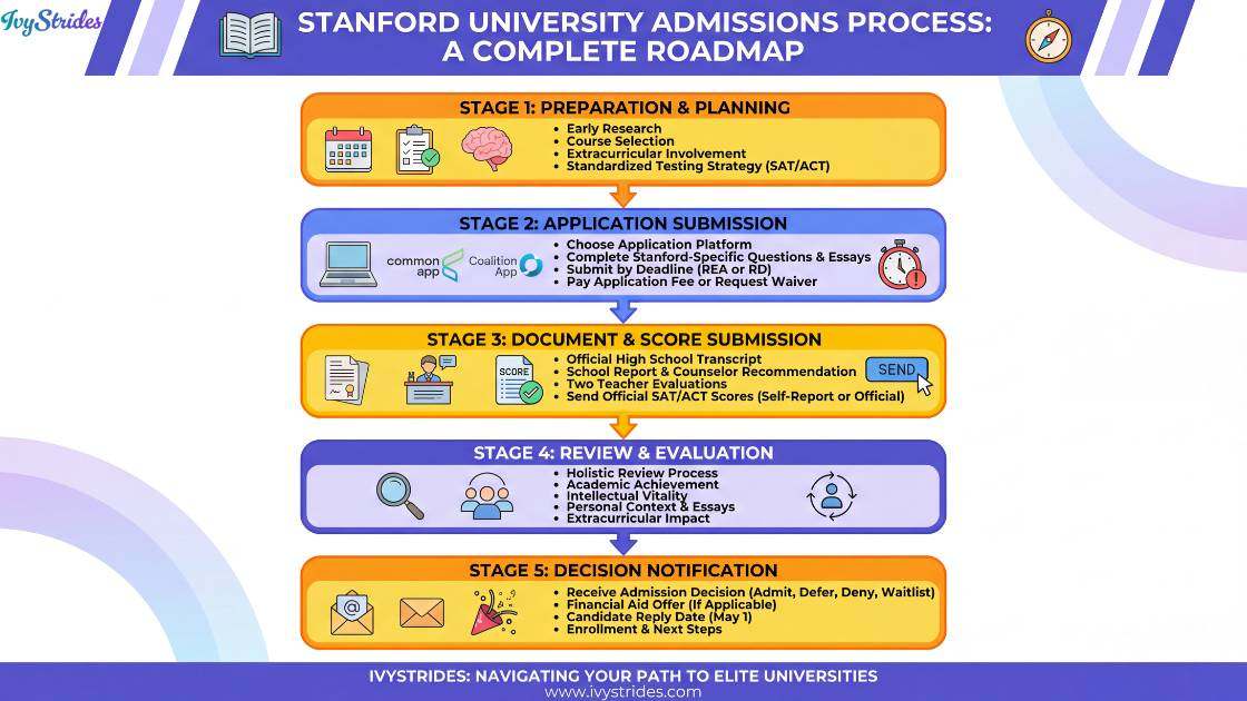 Infographic illustrating the Stanford University admissions process with key steps and timelines.